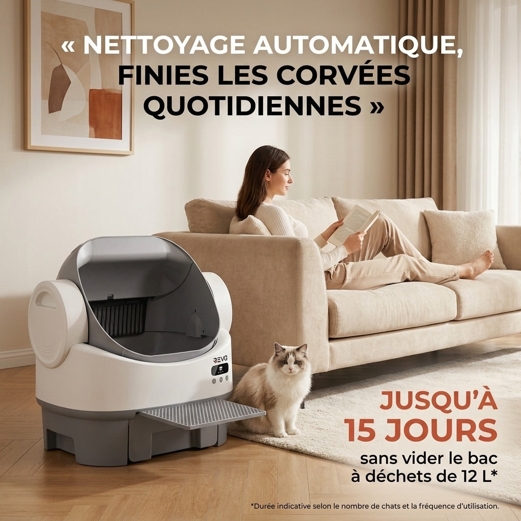 Litière Autonettoyante pour Chats REVO Selya 12 – Bac 12 L – Application – 6 Capteurs de Sécurité – Conception XXL Ouverte