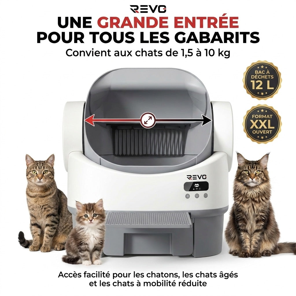 Litière Autonettoyante pour Chats REVO Selya 12 – Bac 12 L – Application – 6 Capteurs de Sécurité – Conception XXL Ouverte