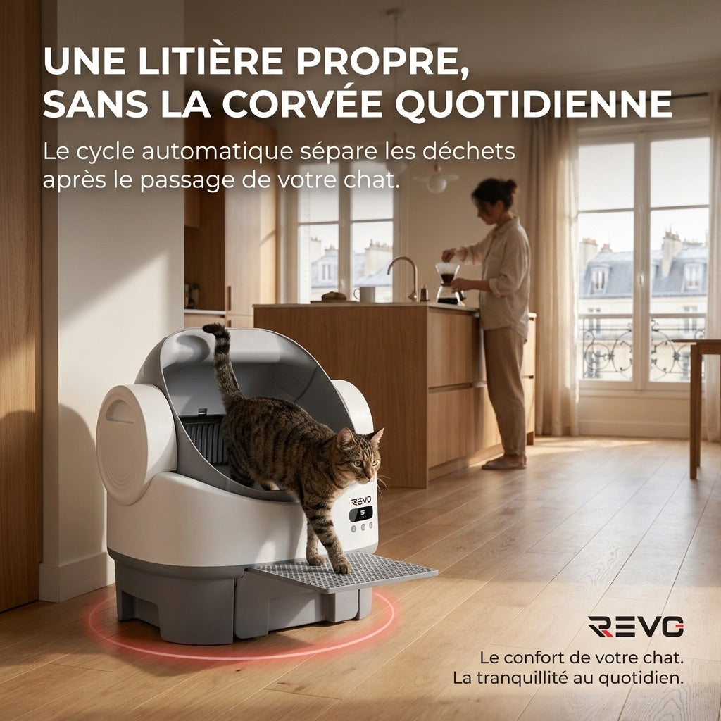 Litière Autonettoyante pour Chats REVO Selya 12 – Bac 12 L – Application – 6 Capteurs de Sécurité – Conception XXL Ouverte