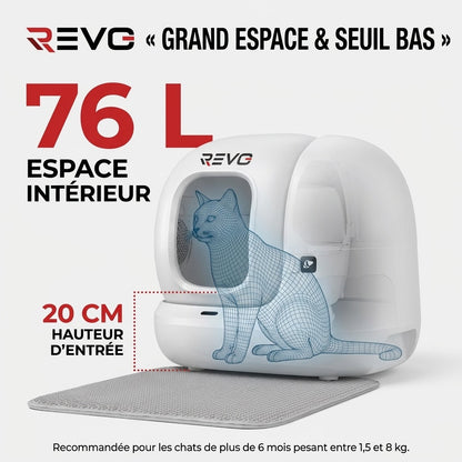 Litière Autonettoyante pour Chats REVO Elyra 76 – Capacité 76 + 7 L – Application Wi‑Fi – Triple Désodorisation – Sécurité Multicapteurs