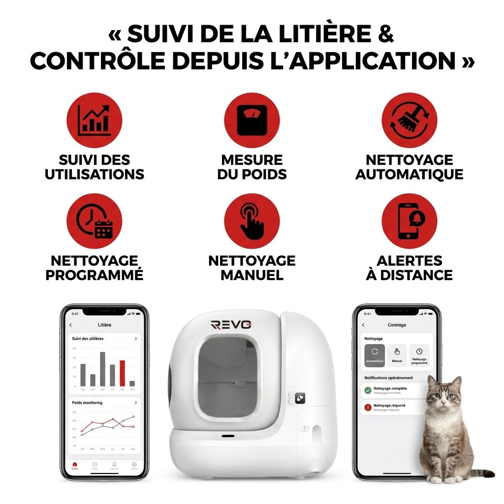 Litière Autonettoyante pour Chats REVO Elyra 76 – Capacité 76 + 7 L – Application Wi‑Fi – Triple Désodorisation – Sécurité Multicapteurs