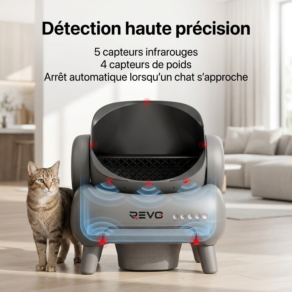 Litière Autonettoyante pour Chats REVO Serenis 14 – Conception Ouverte, Bac à Déchets 11,23 L, Application Wi‑Fi & 9 Capteurs de Sécurité
