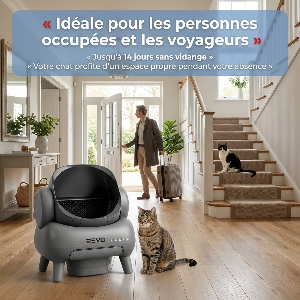 Litière Autonettoyante pour Chats REVO Serenis 14 – Conception Ouverte, Bac à Déchets 11,23 L, Application Wi‑Fi & 9 Capteurs de Sécurité