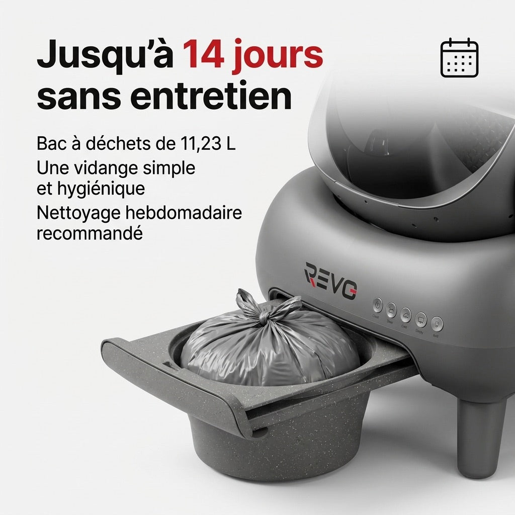 Litière Autonettoyante pour Chats REVO Serenis 14 – Conception Ouverte, Bac à Déchets 11,23 L, Application Wi‑Fi & 9 Capteurs de Sécurité