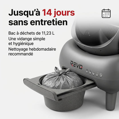 Litière Autonettoyante pour Chats REVO Serenis 14 – Conception Ouverte, Bac à Déchets 11,23 L, Application Wi‑Fi & 9 Capteurs de Sécurité