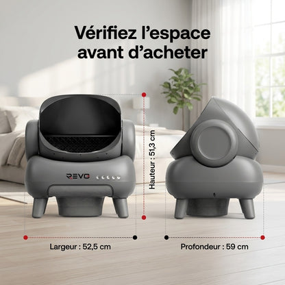 Litière Autonettoyante pour Chats REVO Serenis 14 – Conception Ouverte, Bac à Déchets 11,23 L, Application Wi‑Fi & 9 Capteurs de Sécurité