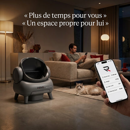 Litière Autonettoyante pour Chats REVO Serenis 14 – Conception Ouverte, Bac à Déchets 11,23 L, Application Wi‑Fi & 9 Capteurs de Sécurité