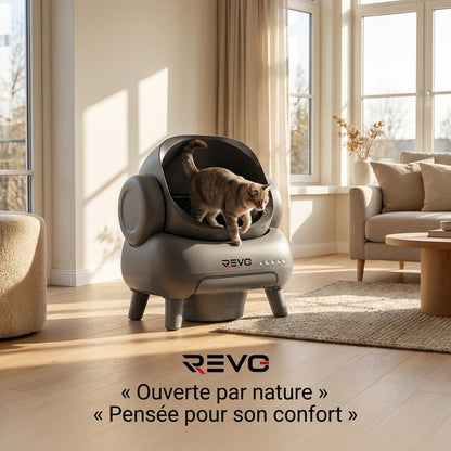 Litière Autonettoyante pour Chats REVO Serenis 14 – Conception Ouverte, Bac à Déchets 11,23 L, Application Wi‑Fi & 9 Capteurs de Sécurité