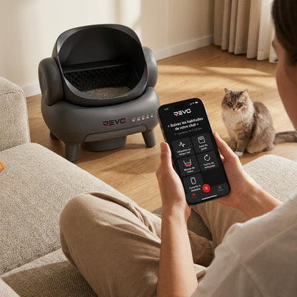 Litière Autonettoyante pour Chats REVO Serenis 14 – Conception Ouverte, Bac à Déchets 11,23 L, Application Wi‑Fi & 9 Capteurs de Sécurité