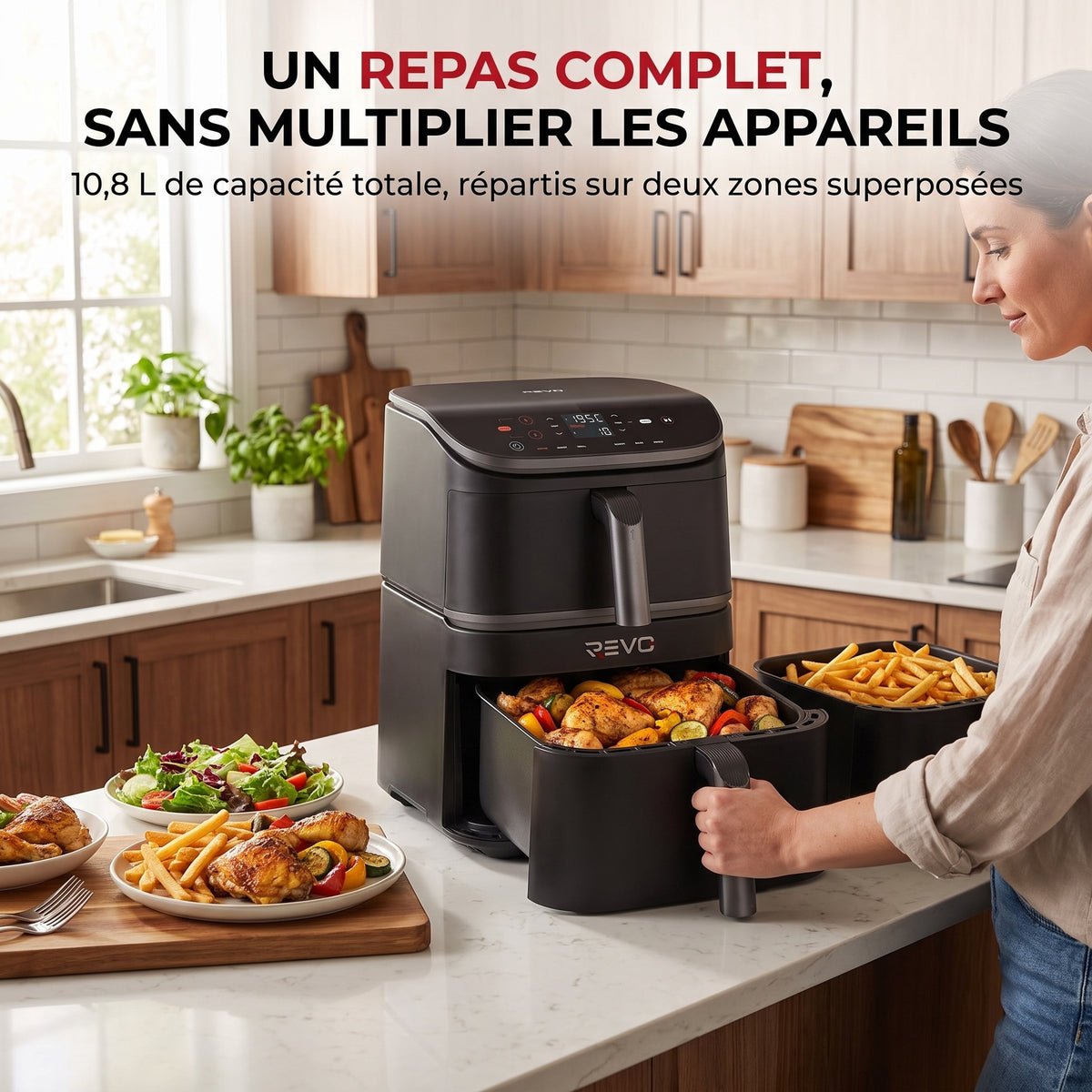 Air Fryer REVO DuoChef 10 – 10,8 L – Double Zone Verticale – 3 Niveaux de Cuisson – 6-en-1 – 2 630 W