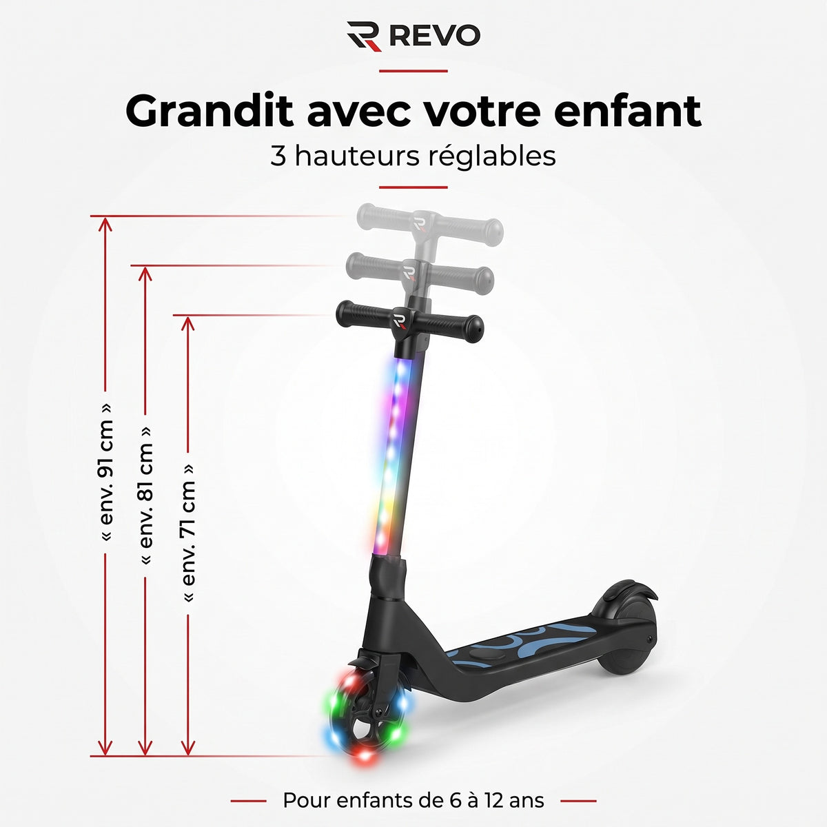 Trottinette Électrique Enfant REVO Lumio 45 – 45 W – Jusqu’à 10 km/h – Autonomie 4 km – LED Multicolores – Guidon Réglable