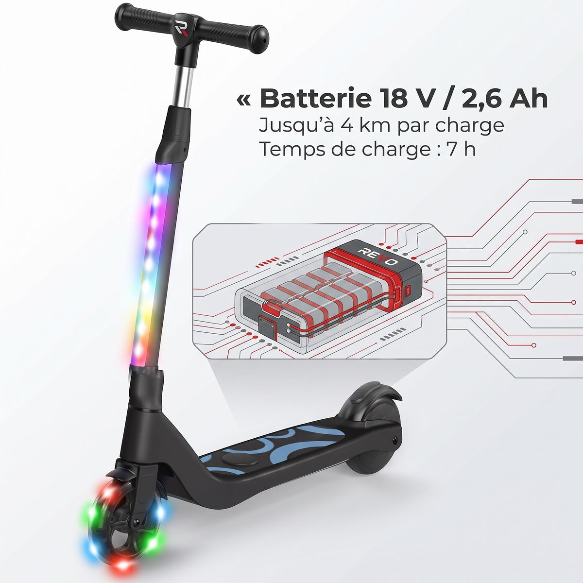 Trottinette Électrique Enfant REVO Lumio 45 – 45 W – Jusqu’à 10 km/h – Autonomie 4 km – LED Multicolores – Guidon Réglable