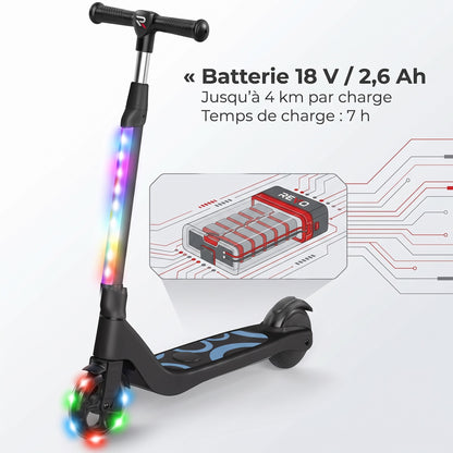 Trottinette Électrique Enfant REVO Lumio 45 – 45 W – Jusqu’à 10 km/h – Autonomie 4 km – LED Multicolores – Guidon Réglable