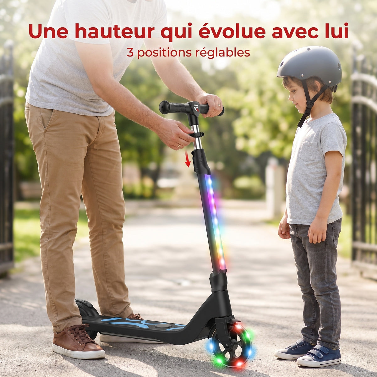 Trottinette Électrique Enfant REVO Lumio 45 – 45 W – Jusqu’à 10 km/h – Autonomie 4 km – LED Multicolores – Guidon Réglable