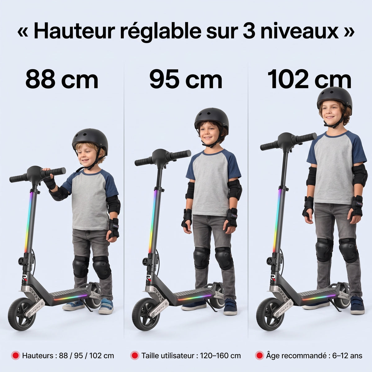 Trottinette Électrique Enfant REVO MiniPulse 16 – 6 à 12 Ans – 5/10/16 km/h – Autonomie 9 km – Double Suspension – Bluetooth & LED