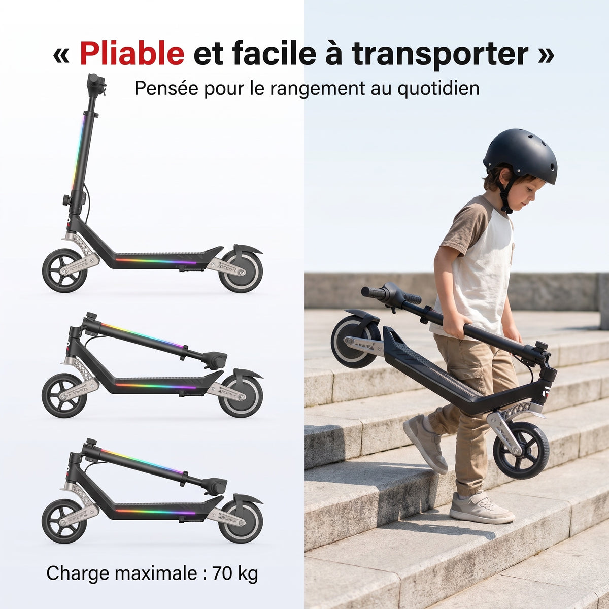 Trottinette Électrique Enfant REVO MiniPulse 16 – 6 à 12 Ans – 5/10/16 km/h – Autonomie 9 km – Double Suspension – Bluetooth & LED
