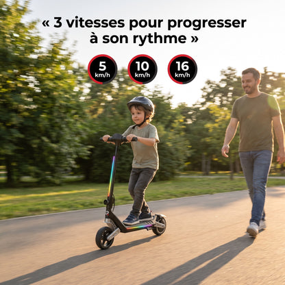 Trottinette Électrique Enfant REVO MiniPulse 16 – 6 à 12 Ans – 5/10/16 km/h – Autonomie 9 km – Double Suspension – Bluetooth & LED