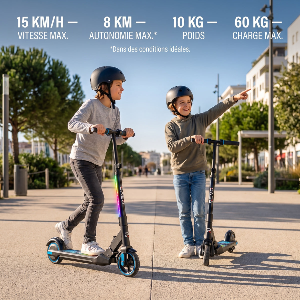 Trottinette Électrique Enfant REVO Spark 15 – 150 W – 3 Vitesses – Jusqu’à 15 km/h – Autonomie 8 km