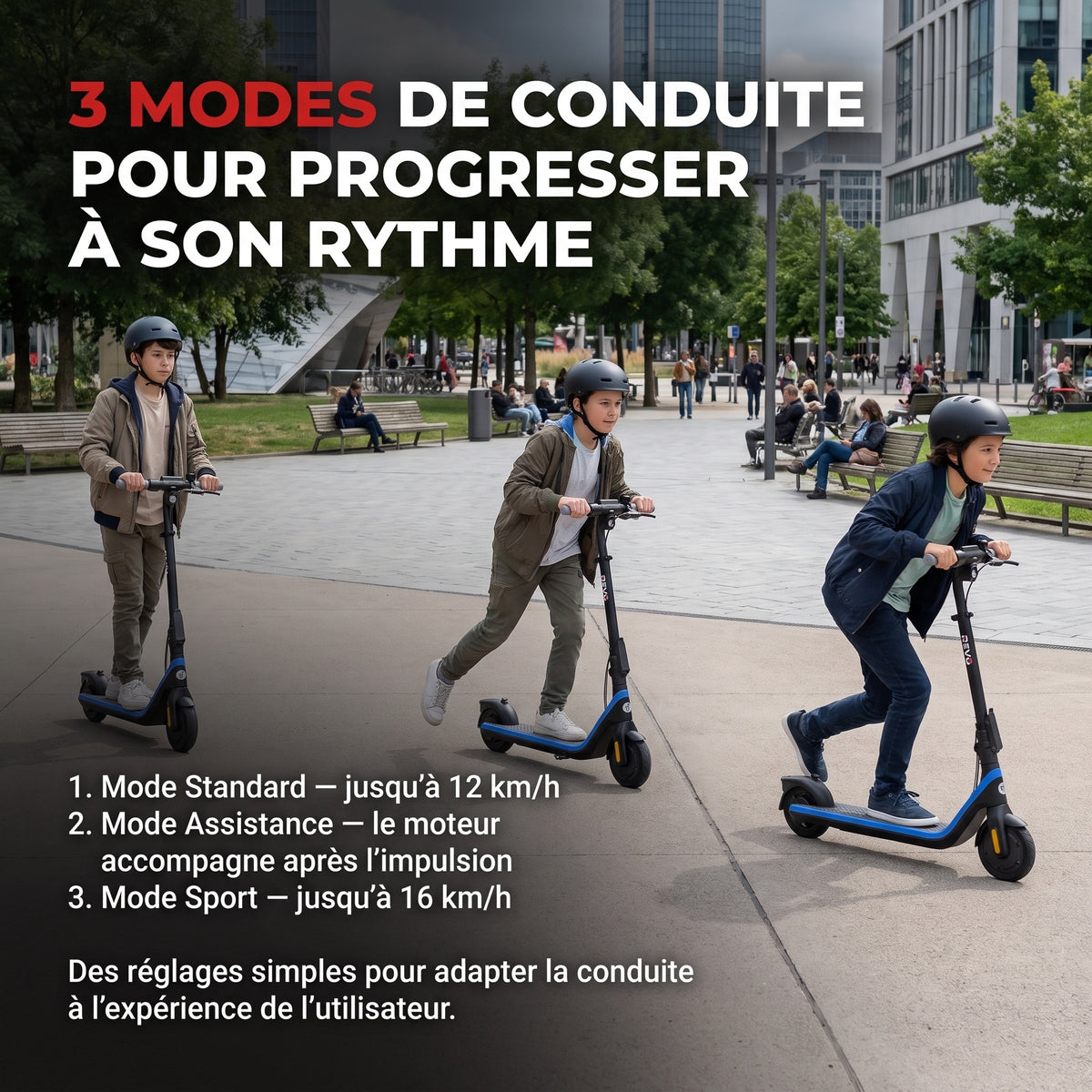 Trottinette Électrique Enfant REVO Kinetik 16 – Jusqu’à 16 km/h – Autonomie jusqu’à 16 km – 3 Modes de Conduite – Guidon Réglable