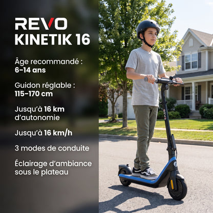 Trottinette Électrique Enfant REVO Kinetik 16 – Jusqu’à 16 km/h – Autonomie jusqu’à 16 km – 3 Modes de Conduite – Guidon Réglable