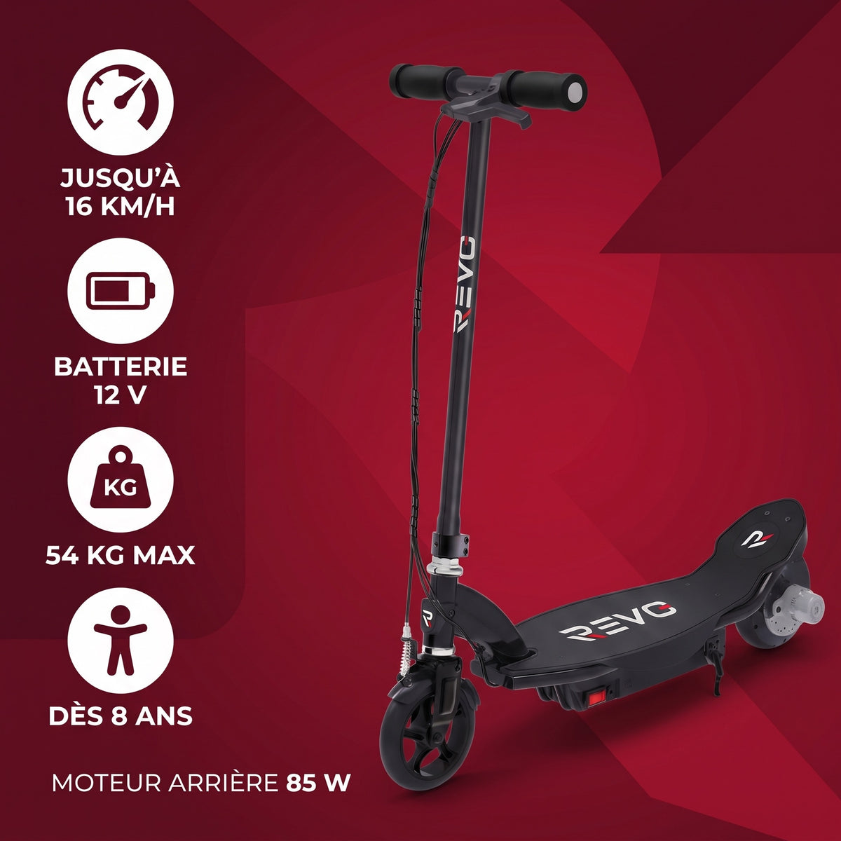 Trottinette Électrique Enfant REVO Junior 85 – 85 W – Jusqu’à 16 km/h – Batterie 12 V – Dès 8 ans