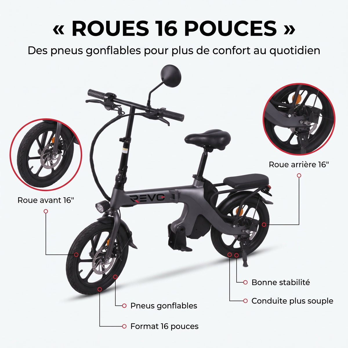 Draisienne Électrique Pliable REVO Velix 16 – Roues 16" – Batterie Amovible 10,4 Ah – Freins à Disque Avant & Arrière