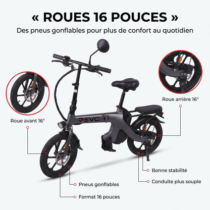 Draisienne Électrique Pliable REVO Velix 16 – Roues 16" – Batterie Amovible 10,4 Ah – Freins à Disque Avant & Arrière