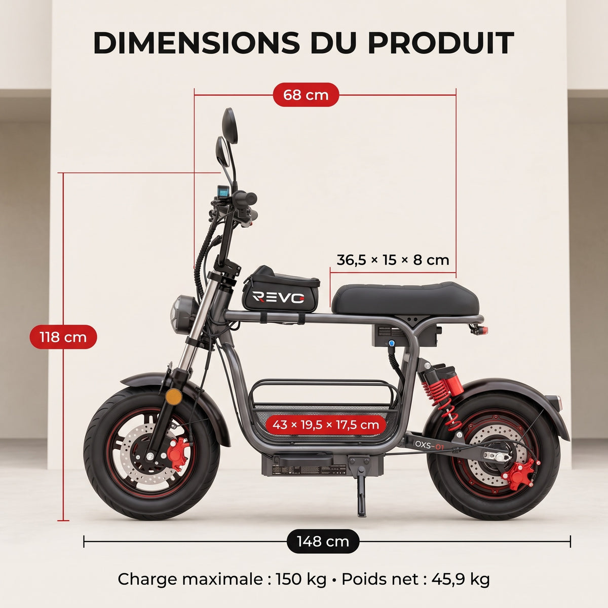 Draisienne Électrique REVO Drivon 1500 – Jusqu’à 1500 W – Autonomie jusqu’à 72 km – Batterie 48 V 15,6 Ah – NFC & Freins Hydrauliques