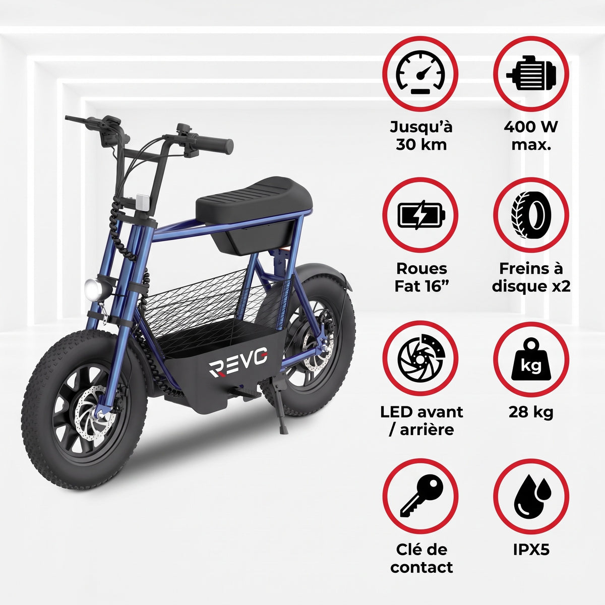Draisienne Électrique REVO Helix 16 – 400 W – Autonomie jusqu’à 30 km – Roues Fat 16" – Double Frein à Disque