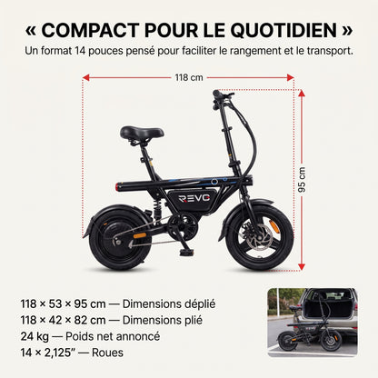 Draisienne Électrique Pliable REVO Foldix 14 – 250 W – Batterie 36 V 12 Ah – Autonomie jusqu’à 50 km – Application – Roues 14"