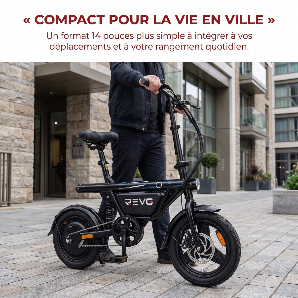 Draisienne Électrique Pliable REVO Foldix 14 – 250 W – Batterie 36 V 12 Ah – Autonomie jusqu’à 50 km – Application – Roues 14"