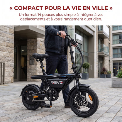 Draisienne Électrique Pliable REVO Foldix 14 – 250 W – Batterie 36 V 12 Ah – Autonomie jusqu’à 50 km – Application – Roues 14"