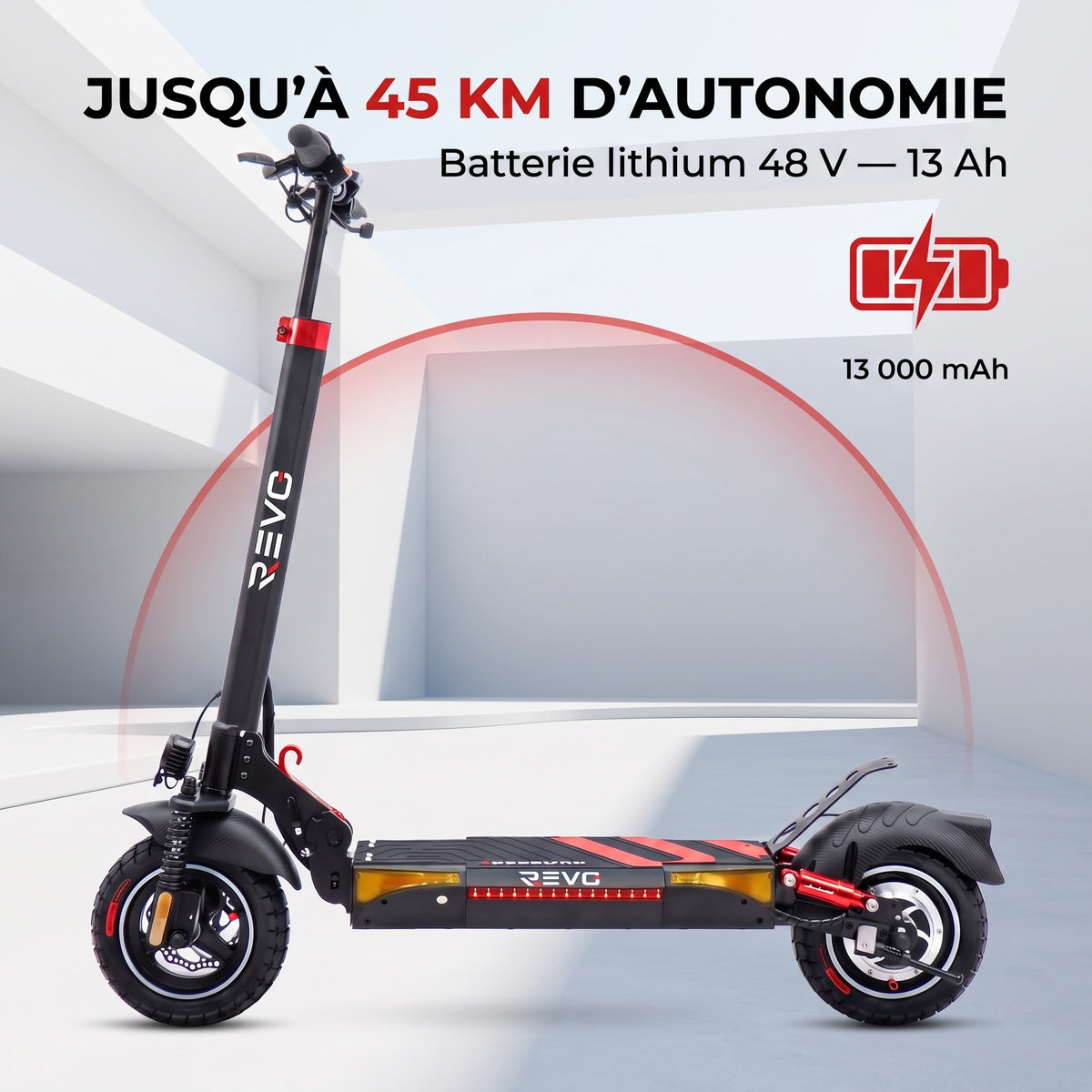 Trottinette Électrique REVO Axion 800 – 800 W Max – Autonomie jusqu’à 45 km – Batterie 48 V 13 Ah – Double Suspension – Roues 10"