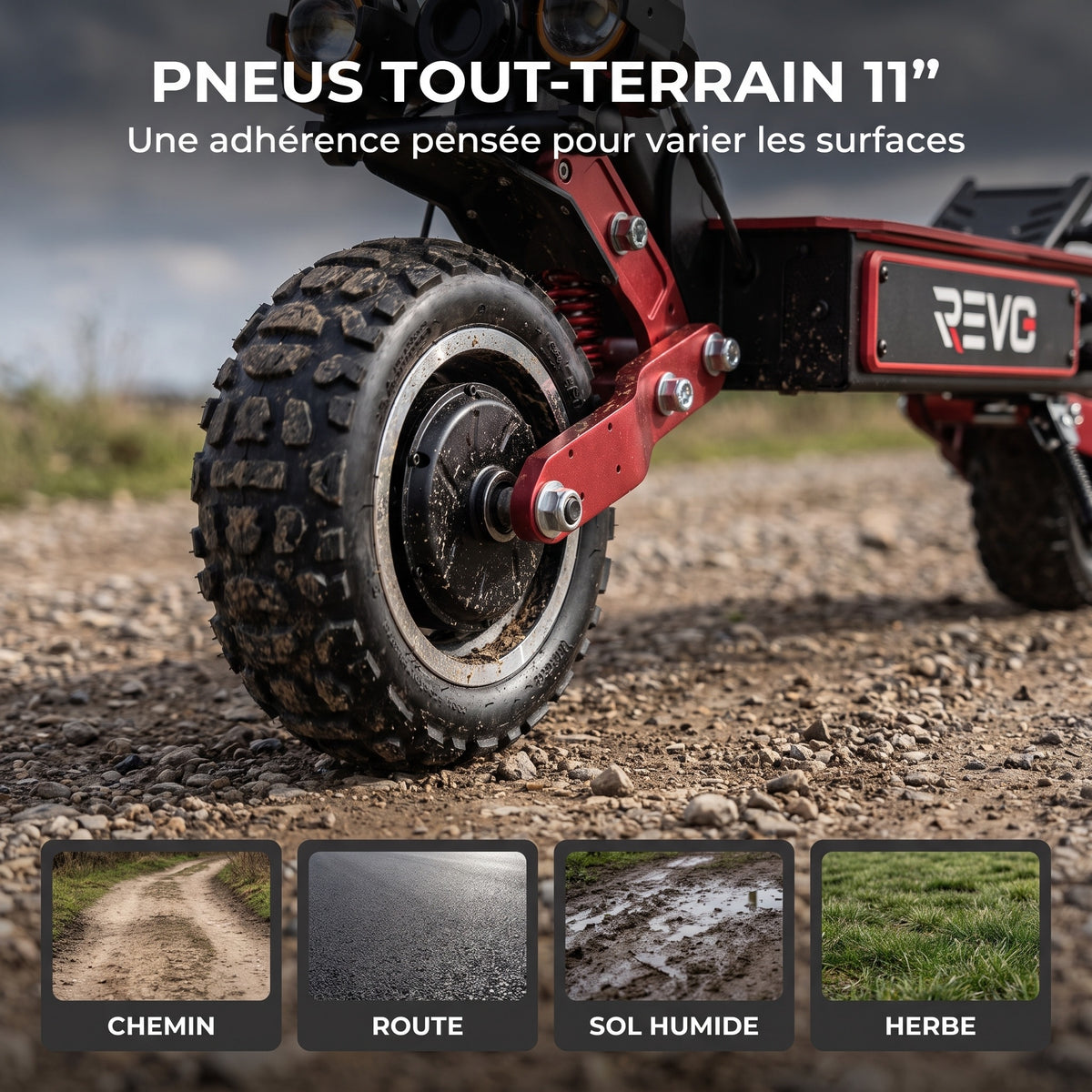 Trottinette Électrique REVO Talon X2 – Double Moteur – Batterie 60 V 33 Ah – Autonomie 80 à 100 km – Pneus Tout-Terrain 11"