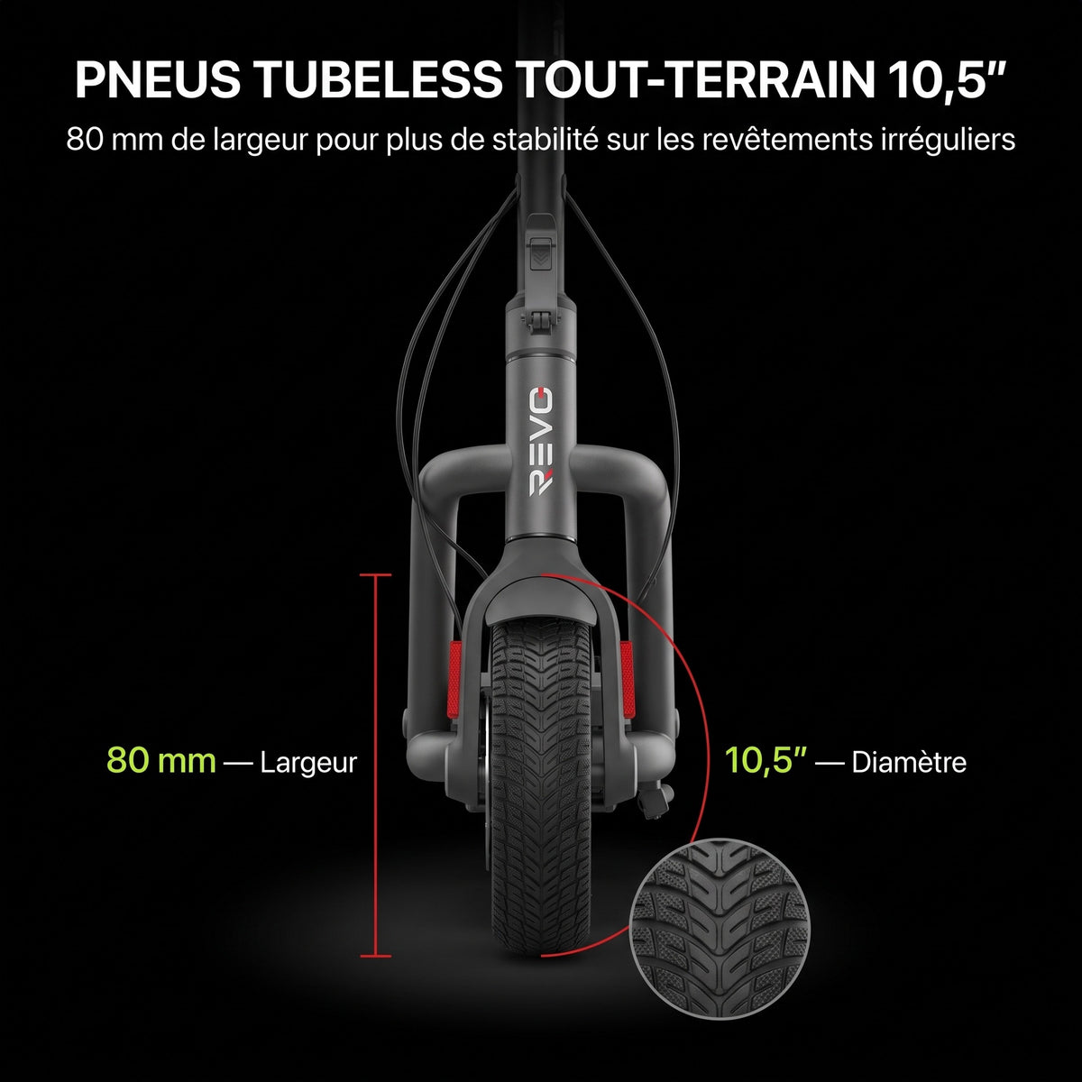 Trottinette Électrique REVO Roam 65 – 1000 W Max – Autonomie jusqu’à 65 km – Batterie 46,8 V 12,5 Ah – Pneus Tout-Terrain 10,5″ & Application