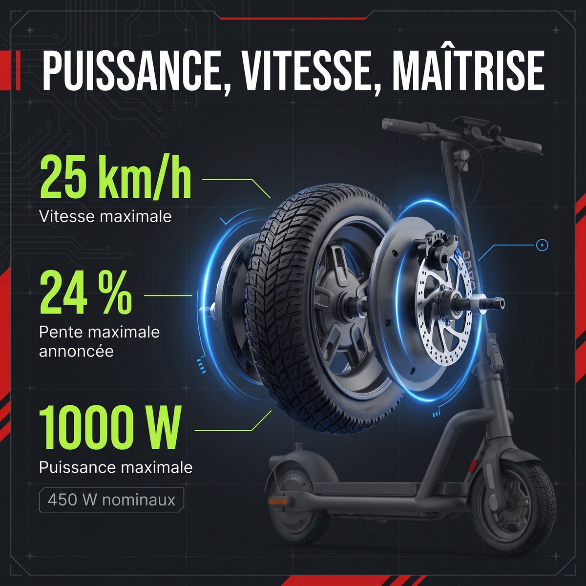 Trottinette Électrique REVO Roam 65 – 1000 W Max – Autonomie jusqu’à 65 km – Batterie 46,8 V 12,5 Ah – Pneus Tout-Terrain 10,5″ & Application