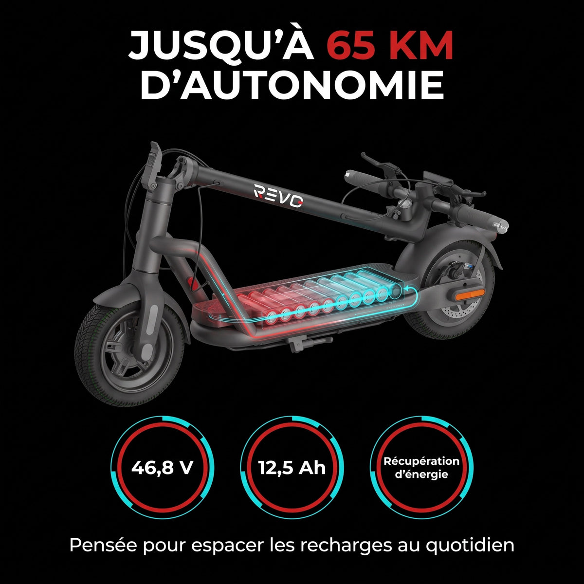 Trottinette Électrique REVO Roam 65 – 1000 W Max – Autonomie jusqu’à 65 km – Batterie 46,8 V 12,5 Ah – Pneus Tout-Terrain 10,5″ & Application