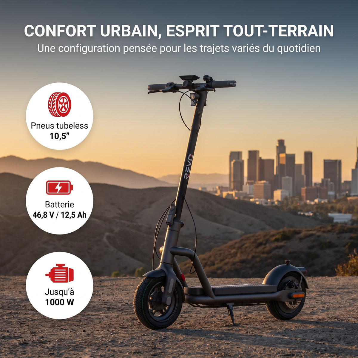 Trottinette Électrique REVO Roam 65 – 1000 W Max – Autonomie jusqu’à 65 km – Batterie 46,8 V 12,5 Ah – Pneus Tout-Terrain 10,5″ & Application