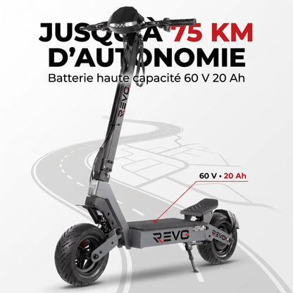 Trottinette Électrique REVO Oryx 75 – Autonomie jusqu’à 75 km – Batterie 60 V 20 Ah – Pneus 11″ – Double Suspension