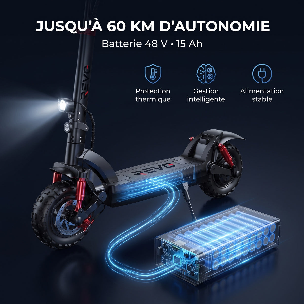 Trottinette Électrique REVO Stride 60 – Autonomie jusqu’à 60 km – Batterie 48 V 15 Ah – Pneus 11″ Tout-Terrain – Double Suspension