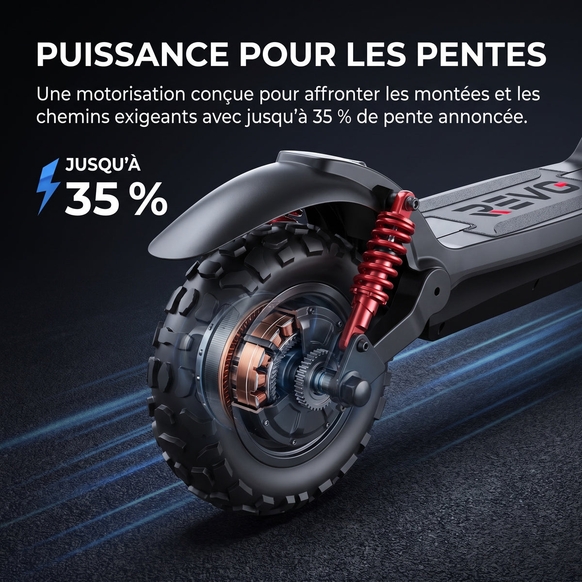 Trottinette Électrique REVO Stride 60 – Autonomie jusqu’à 60 km – Batterie 48 V 15 Ah – Pneus 11″ Tout-Terrain – Double Suspension