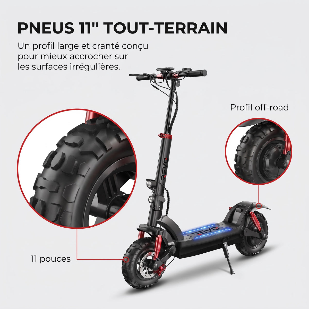 Trottinette Électrique REVO Stride 60 – Autonomie jusqu’à 60 km – Batterie 48 V 15 Ah – Pneus 11″ Tout-Terrain – Double Suspension