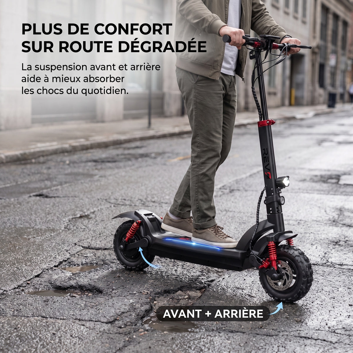 Trottinette Électrique REVO Stride 60 – Autonomie jusqu’à 60 km – Batterie 48 V 15 Ah – Pneus 11″ Tout-Terrain – Double Suspension