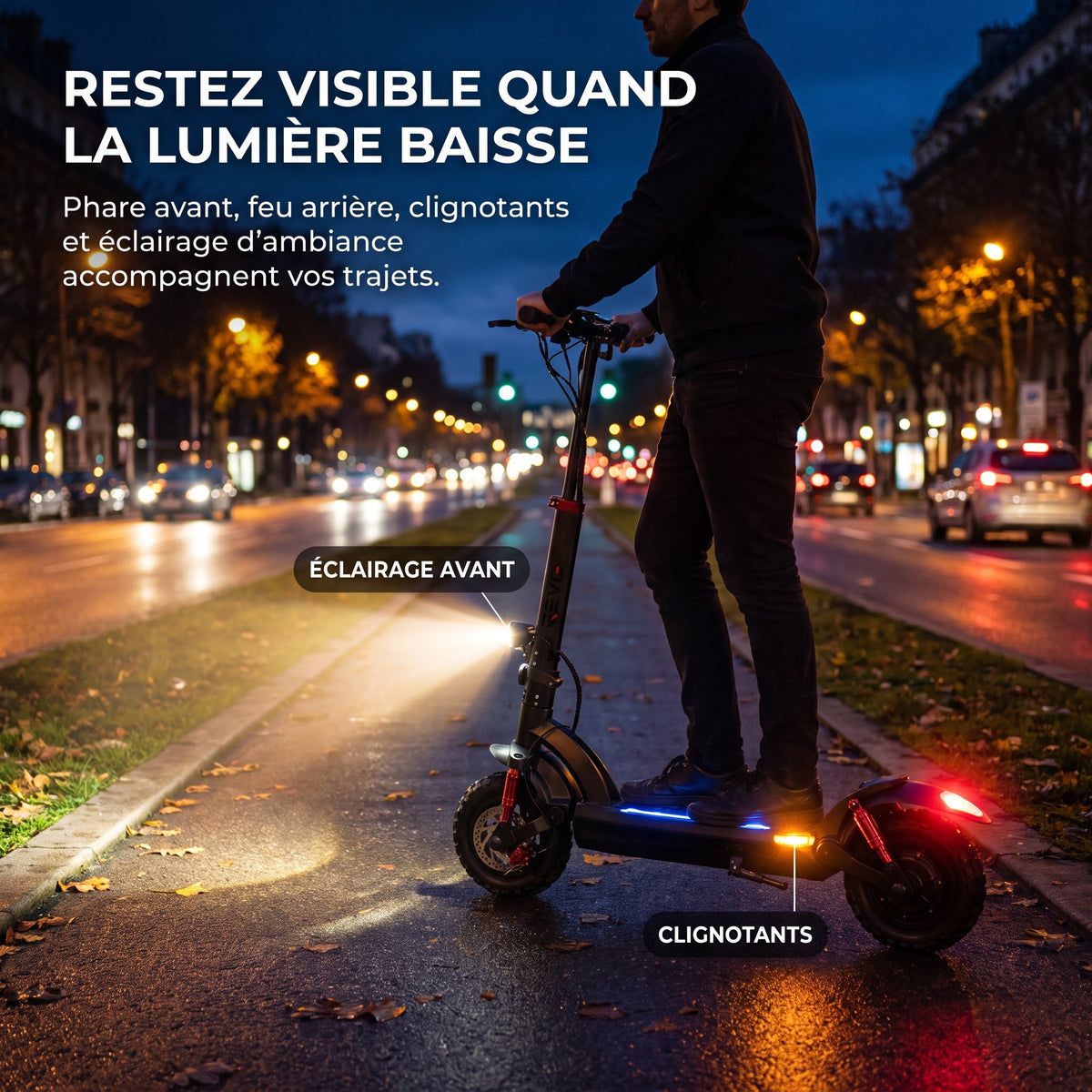 Trottinette Électrique REVO Stride 60 – Autonomie jusqu’à 60 km – Batterie 48 V 15 Ah – Pneus 11″ Tout-Terrain – Double Suspension