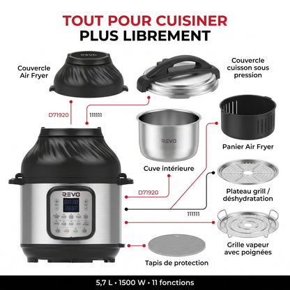 Multicuiseur & Air Fryer REVO Fusion 6 – 5,7 L – 1500 W – 11 Fonctions de Cuisson – Cuisson Sous Pression & Friture à Air