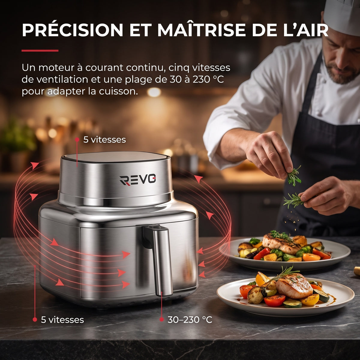 Air Fryer REVO Auris 6 – 6,2 L – 1 725 W – Acier Inoxydable & Céramique – 30 à 230 °C