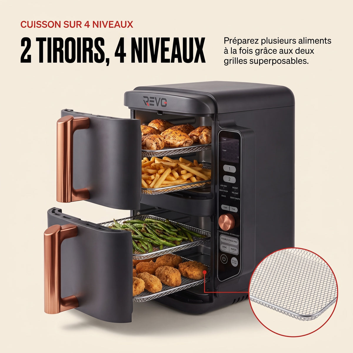 Air Fryer Vertical REVO Altis 95 – 9,5 L, 2 Tiroirs, 4 Niveaux de Cuisson & 6 Fonctions