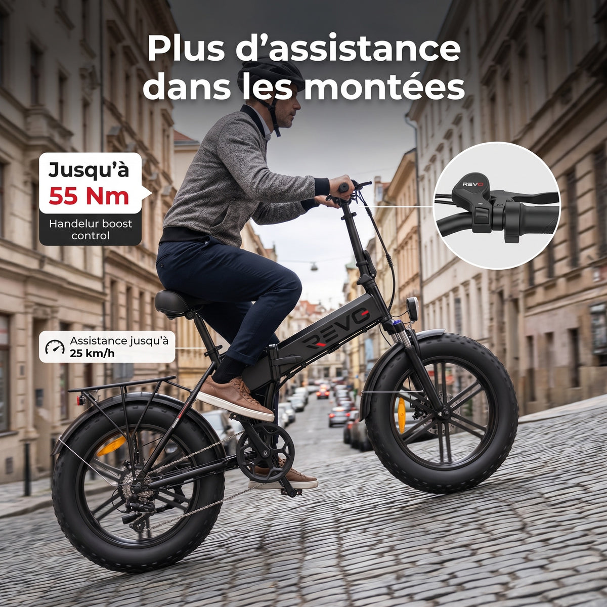 Vélo Électrique Pliable REVO Rover 100 – 250 W, Batterie 48 V 13 Ah, Fat Bike 20" & Capteur de Couple