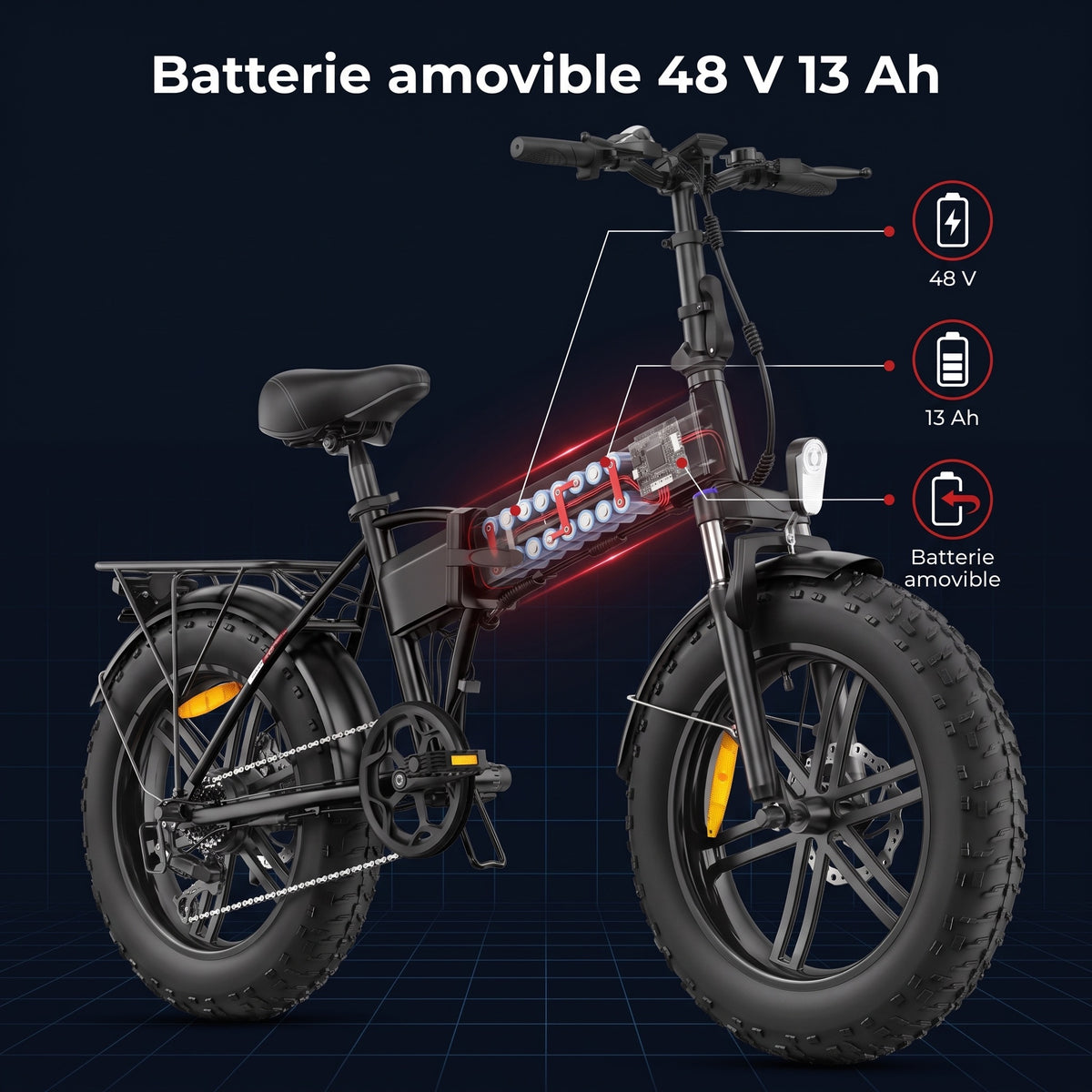Vélo Électrique Pliable REVO Rover 100 – 250 W, Batterie 48 V 13 Ah, Fat Bike 20" & Capteur de Couple