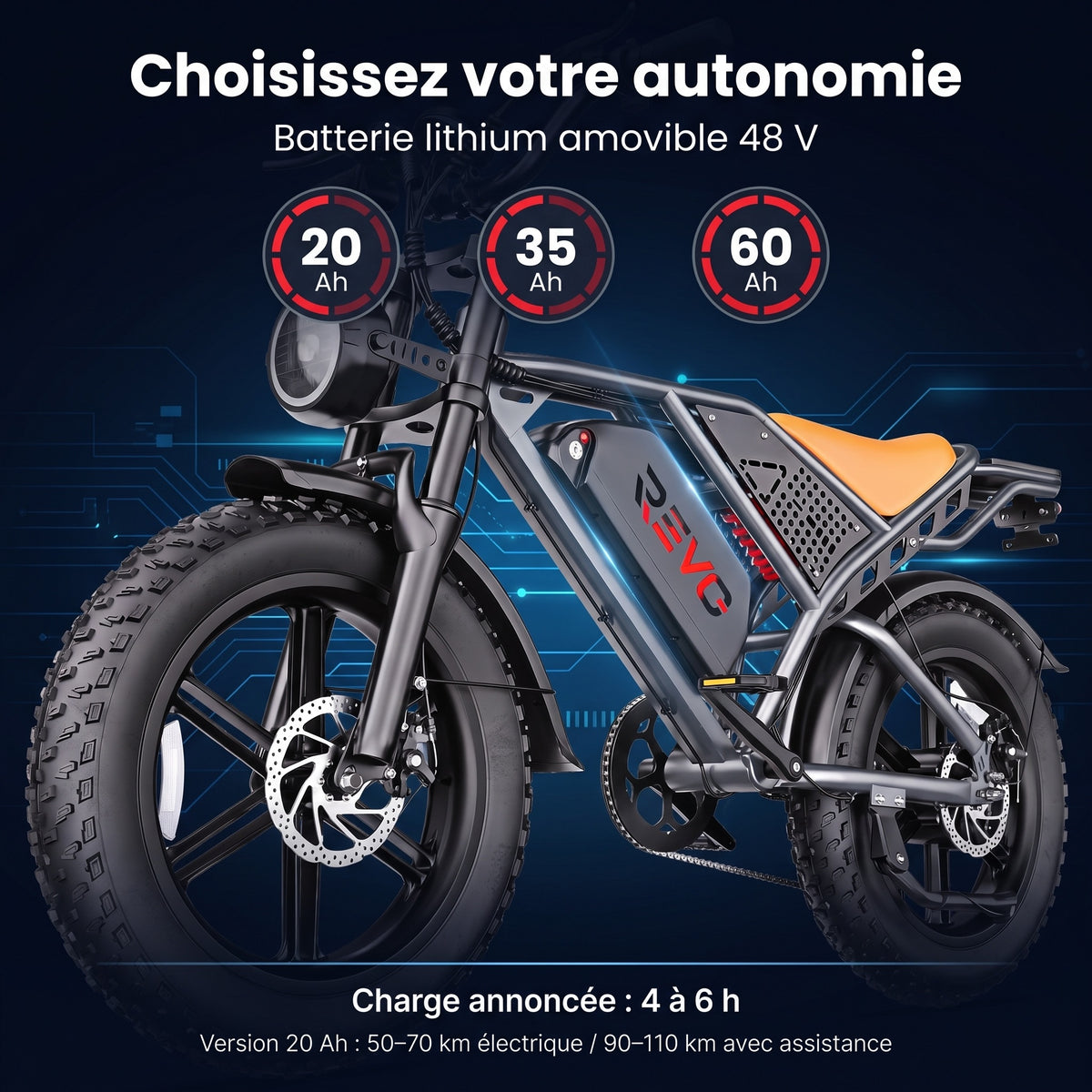 Vélo Électrique Fat Bike REVO Outland 120 – Couple 120 N·m, Batterie Amovible 48 V, Pneus 20 × 4", Suspension Complète & 7 Vitesses